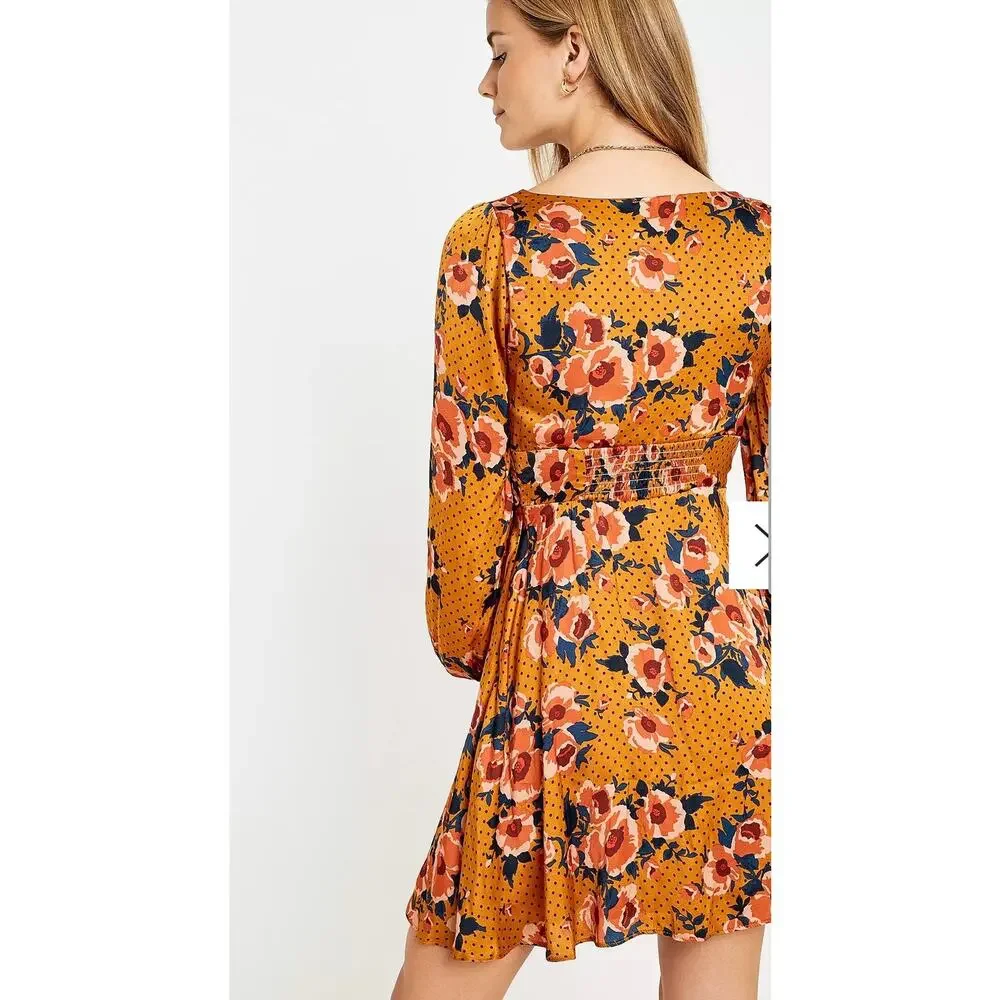 Free People Morning Light Floral Mini Dress in Yellow Gold Orange Womens Size 6